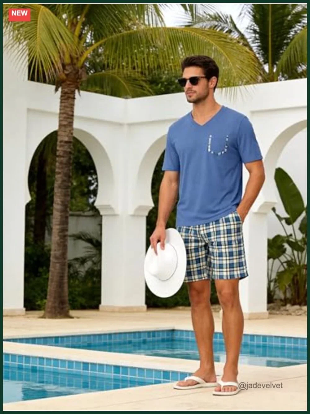 Men's Cotton Pajama Set 2 Piece Soft Sleepwear Short Sleeve Top & Plaid Shorts